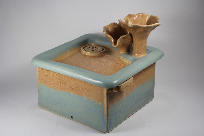 Square pet fountain with flower cascade spout and internal battery