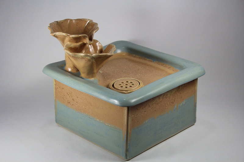 Square pet fountain with flower cascade spout and internal battery