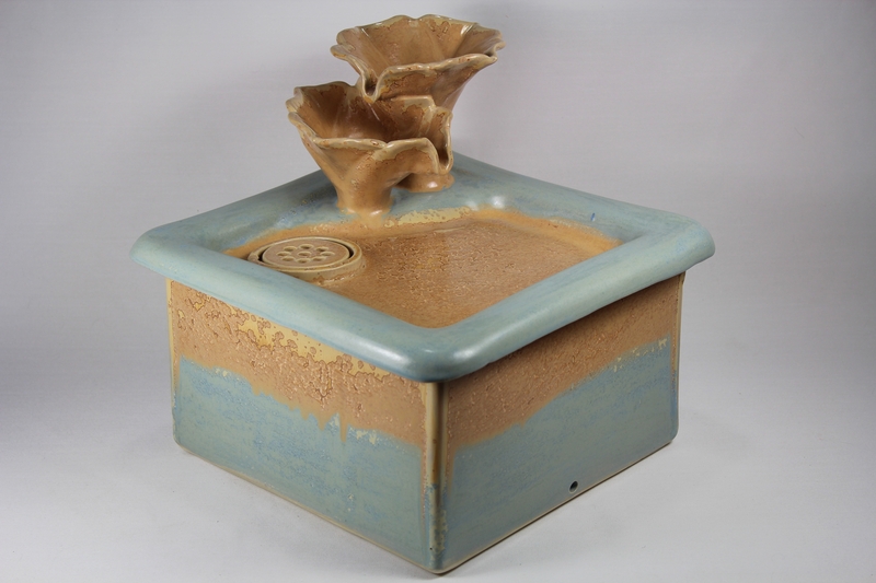 Square pet fountain with flower cascade spout and internal battery