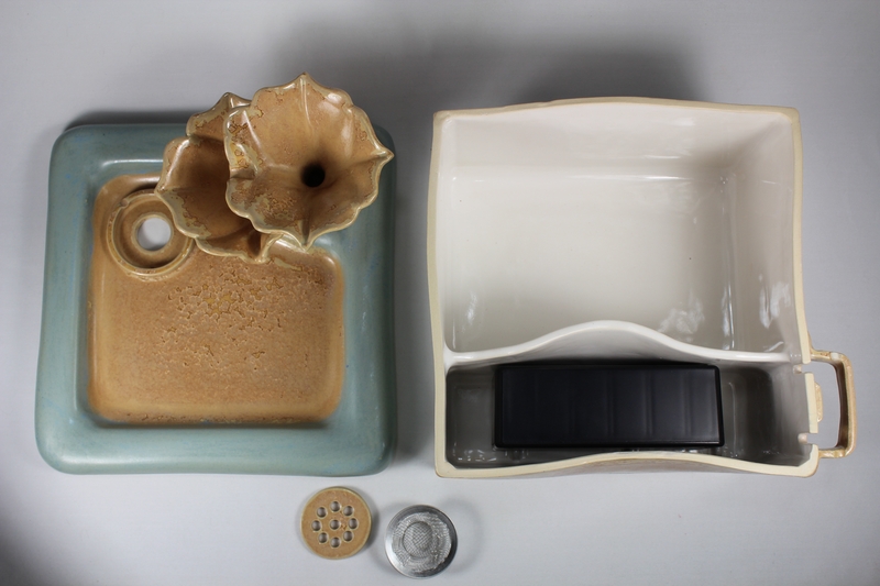 Square pet fountain with flower cascade spout and internal battery