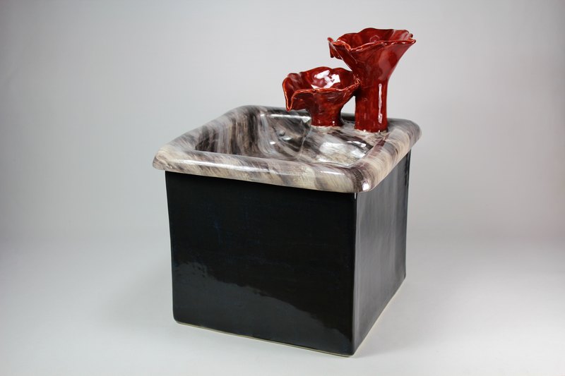 Square pet fountain with flower cascade spout and auto refill system