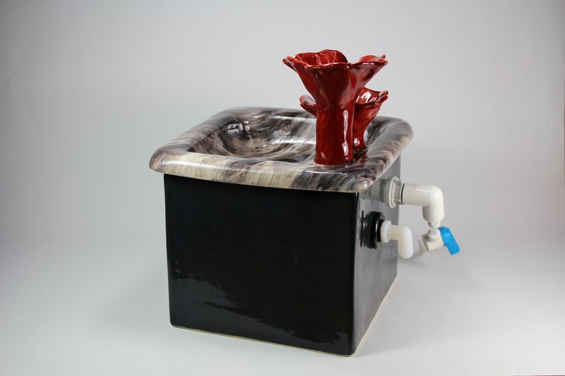 Square pet fountain with flower cascade spout and auto refill system