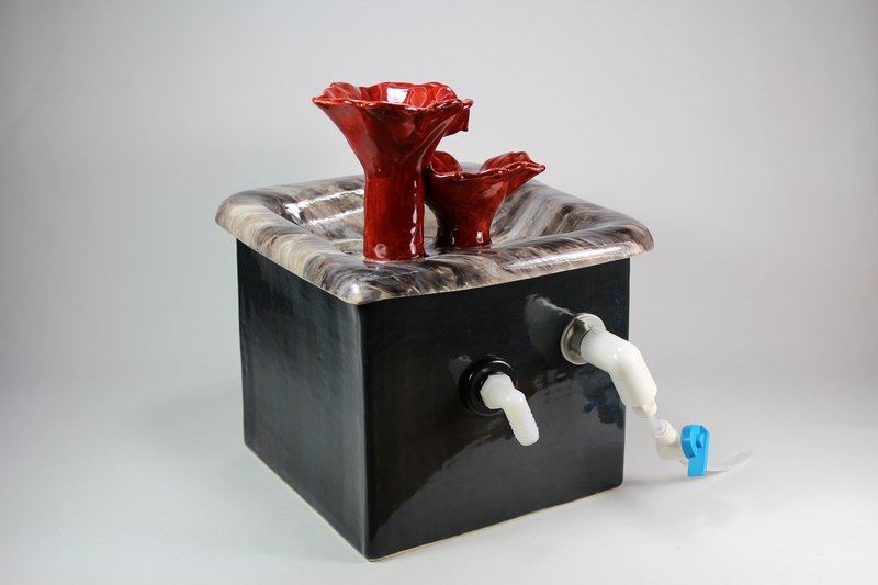 Square pet fountain with flower cascade spout and auto refill system