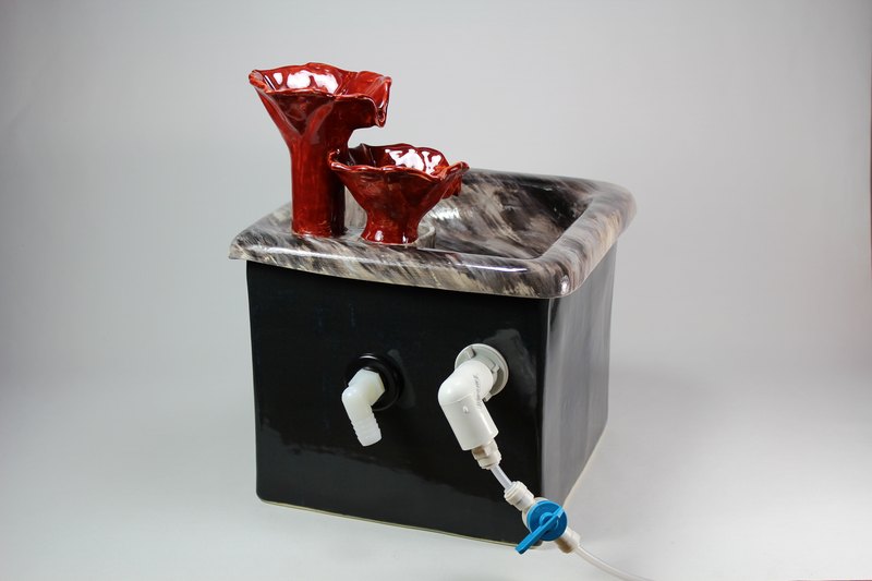 Square pet fountain with flower cascade spout and auto refill system