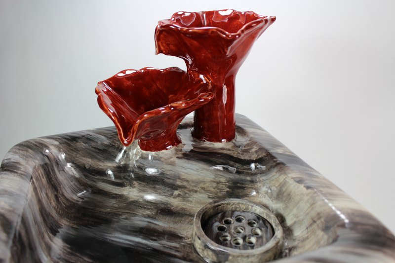 Square pet fountain with flower cascade spout and auto refill system