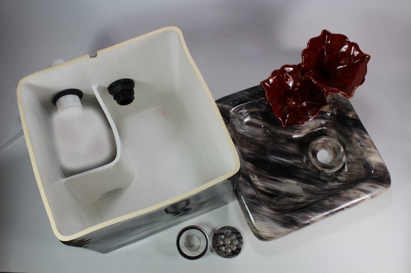 Square pet fountain with flower cascade spout and auto refill system